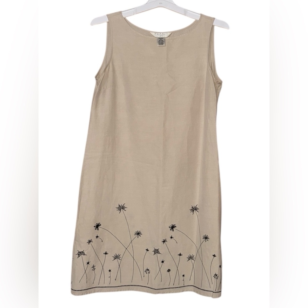 •OUTFIT JPR•BEIGE SLEEVELESS SILK-LINEN DRESS BLACK FLORAL EMBROIDER SIZE MP